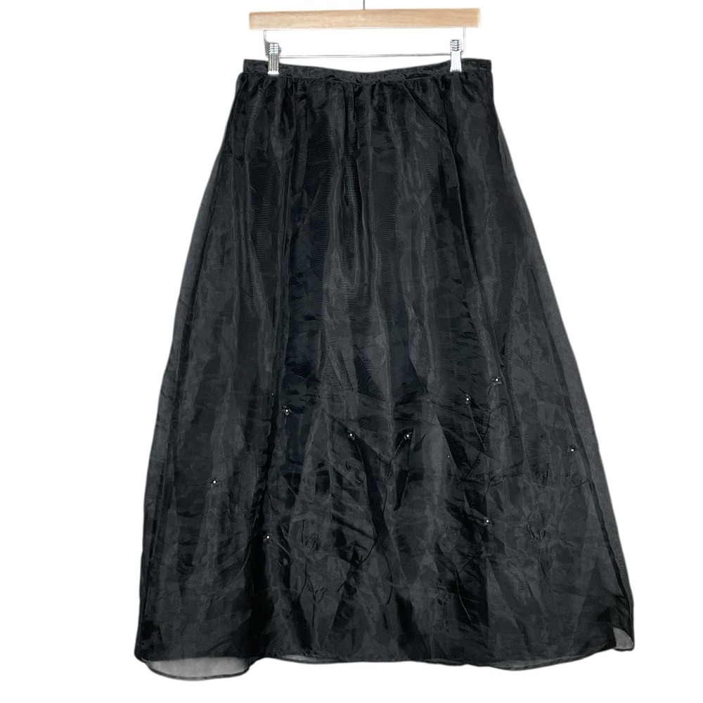 Vintage Whimsigoth Sheer Black Chiffon Embroidered Midi Skirt L Dark Feminine